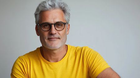 Close up of mature man with white skin, grey short hair, wavy hair and a clear yellow t shirt, isolated in a light grey studio. Portrait person.の素材