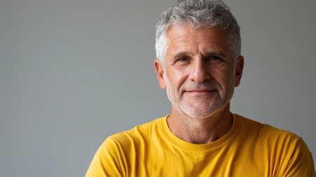 Close up of mature man with white skin, grey short hair, wavy hair and a clear yellow t shirt, isolated in a light grey studio. Portrait person.の素材