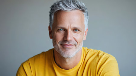 Close up of mature man with white skin, grey short hair, wavy hair and a clear yellow t shirt, isolated in a light grey studio. Portrait personの素材