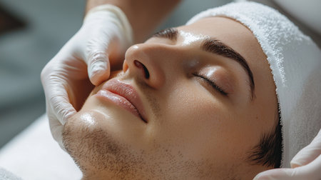 close up A couple receives a relaxing facial Eyebrow enhancement side by side at a high-end beauty clinic.の素材