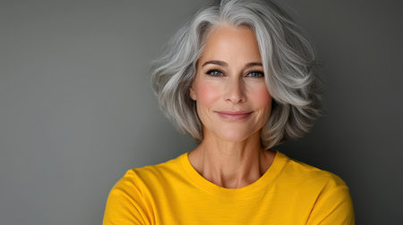 Close up of mature woman with white skin, grey short hair, wavy hair and a clear yellow t shirt, isolated in a light grey studio. Portrait person.の素材