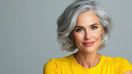 Close up of mature woman with white skin, grey short hair, wavy hair and a clear yellow t shirt, isolated in a light grey studio. Portrait person.の素材