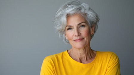 Close up of mature woman with white skin, grey short hair, wavy hair and a clear yellow t shirt, isolated in a light grey studio. Portrait person.の素材