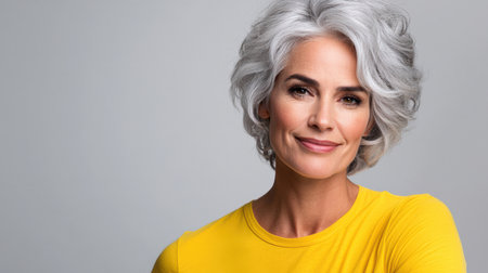 Close up of mature woman with white skin, grey short hair, wavy hair and a clear yellow t shirt, isolated in a light grey studio. Portrait person.の素材