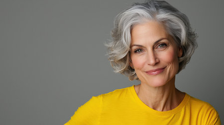 Close up of mature woman with white skin, grey short hair, wavy hair and a clear yellow t shirt, isolated in a light grey studio. Portrait person.の素材