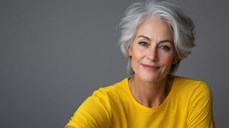 Close up of mature woman with white skin, grey short hair, wavy hair and a clear yellow t shirt, isolated in a light grey studio. Portrait person.の素材