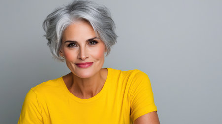 Close up of mature woman with white skin, grey short hair, wavy hair and a clear yellow t shirt, isolated in a light grey studio. Portrait person.の素材