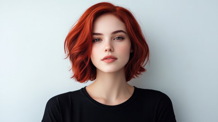 Close up of beautiful woman with white skin, red short hair, wavy hair and a clear black t shirt, isolated in a light white studio. Portrait person.の素材