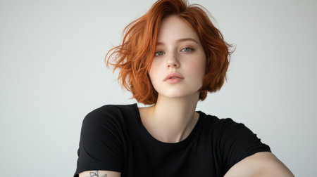 Close up of beautiful woman with white skin, red short hair, wavy hair and a clear black t shirt, isolated in a light white studio. Portrait person.の素材