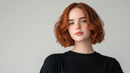 Close up of beautiful woman with white skin, red short hair, wavy hair and a clear black t shirt, isolated in a light white studio. Portrait person.の素材