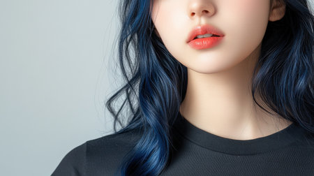 Close up of beautiful woman with white skin, blue long hair, wavy hair and a clear black t shirt, isolated in a light white studio. Portrait person.の素材