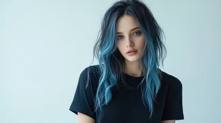 Close up of beautiful woman with white skin, blue long hair, wavy hair and a clear black t shirt, isolated in a light white studio. Portrait person.の素材
