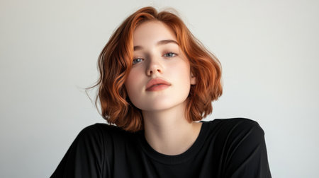 Close up of beautiful woman with white skin, red short hair, wavy hair and a clear black t shirt, isolated in a light white studio. Portrait person.の素材