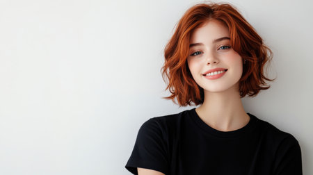 Close up of beautiful woman with white skin, red short hair, wavy hair and a clear black t shirt, isolated in a light white studio. Portrait person.の素材