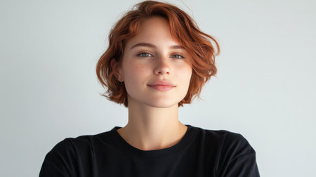 Close up of beautiful woman with white skin, red short hair, wavy hair and a clear black t shirt, isolated in a light white studio. Portrait person.の素材