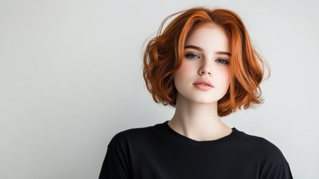 Close up of beautiful woman with white skin, red short hair, wavy hair and a clear black t shirt, isolated in a light white studio. Portrait person.の素材
