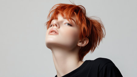 Close up of beautiful woman with white skin, red short hair, wavy hair and a clear black t shirt, isolated in a light white studio. Portrait person.の素材