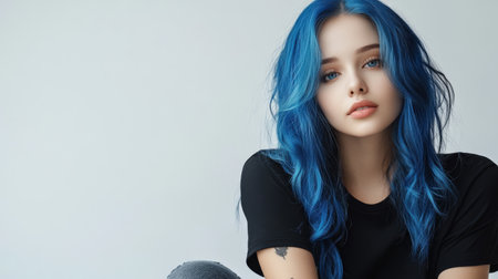 Close up of beautiful woman with white skin, blue long hair, wavy hair and a clear black t shirt, isolated in a light white studio. Portrait person.の素材