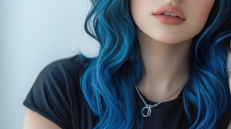 Close up of beautiful woman with white skin, blue long hair, wavy hair and a clear black t shirt, isolated in a light white studio. Portrait person.の素材