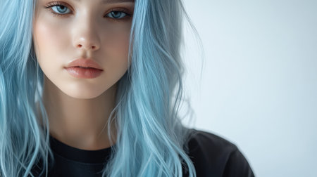 Close up of beautiful woman with white skin, blue long hair, wavy hair and a clear black t shirt, isolated in a light white studio. Portrait person.の素材