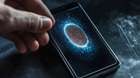 Fingerprint on the smartphone screen. Fingerprint security concept.の素材