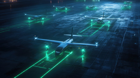 A drone view of a futuristic airport where autonomous planes follow glowing green holographic flight routesの素材
