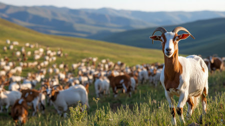 A herd of dairy goats grazing, producing milk for cheese and other dairy productsの素材