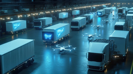 A futuristic logistics hub with neon blue holograms guiding autonomous trucks and drones for package deliveryの素材