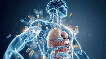 transparent human figure blue neon of a human internal organs with the intestine Showing body testine highlighted in yellow ,mri ,transparent of Nutrients, various vitamins, around the body , --ar 16:9 --personalize jaydbm9 --v 6.1 Job ID: 4c32e3e8-c6dd-4d02-84e3-25c445fadfa7の素材