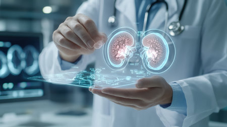 doctor using digital x-ray of human kidneys, kidney stone Maintain water balance in the body, holographic scan projection 3D rendering on a digital tablet examiningの素材