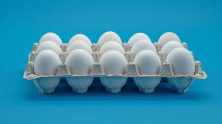 A dozen white eggs in a kartonnaia korobka on a blue background.の素材