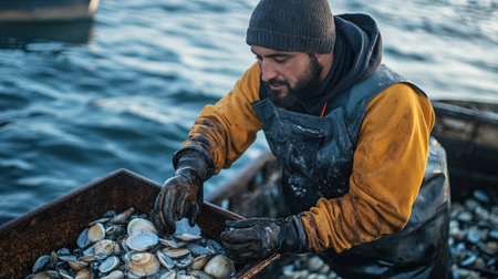 A fisherman collecting fresh scallops from a bed, ready for the seafood marketの素材