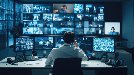 Security guard monitoring modern CCTV cameras in surveillance room. Selective focusの素材