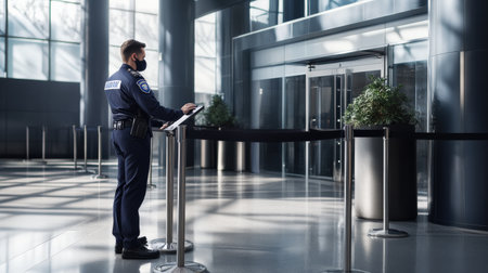Security guard checking flight information in airport terminal, security and safety conceptの素材