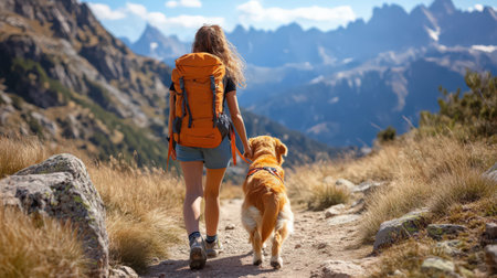 girl hiking with her golden retriever dog in the mountainsの素材