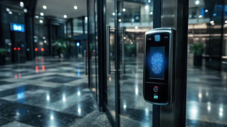 Digital fingerprint scan on elevator door, security concept. 3d renderingの素材