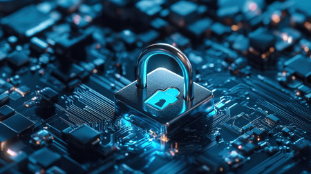 Cyber security concept. Padlock on circuit board. 3d illustrationの素材