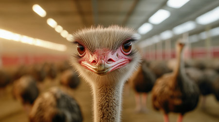 A close-up of an ostrich farm, with birds raised for their meat, feathers, and leather used in various industriesの素材
