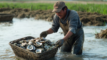 A fisherman collecting oysters from a farming bed, with fresh shellfish ready for the market --ar 16:9 --personalize jaydbm9 --v 6.1 Job ID: 6718ee95-d789-4c50-bb92-d4d97d7f46eeの素材
