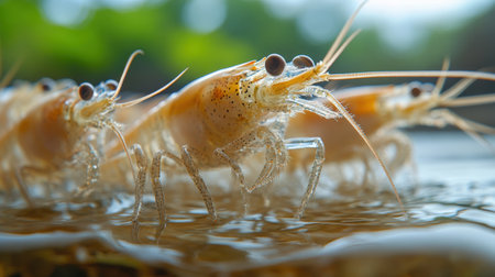 A group of farmed shrimp in a pond, cultivated for high-demand seafood marketsの素材