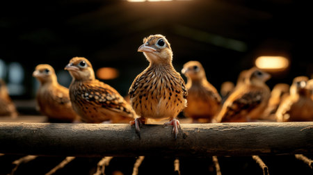 A pen of quail birds being raised for their eggs and meat, highly prized in gourmet marketsの素材