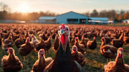 A flock of turkeys on a farm, raised for their high-demand meat during holiday seasonsの素材
