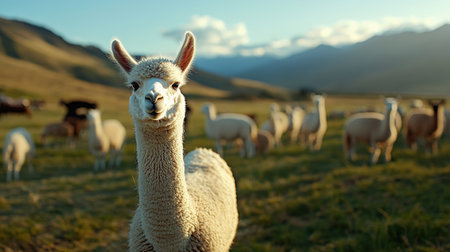 A group of alpacas in a field, known for their soft, luxurious wool used in textilesの素材