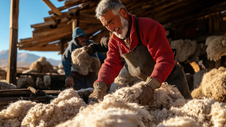 A group of alpacas being sheared, producing luxurious wool for textile marketsの素材