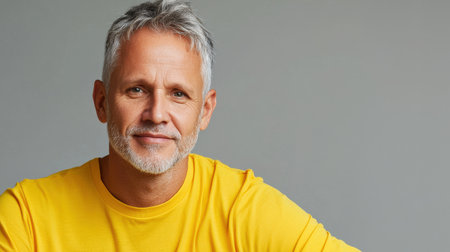 Close up of mature man with white skin, grey short hair, wavy hair and a clear yellow t shirt, isolated in a light grey studio. Portrait personの素材
