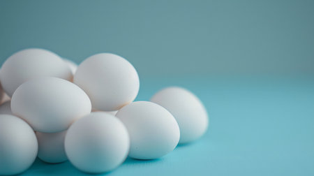 A pile of white eggs on a blue backgroundの素材