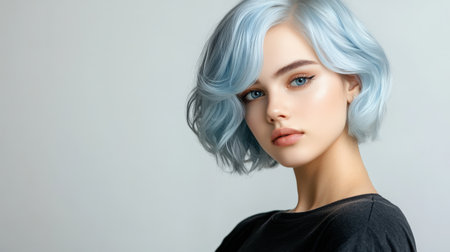 Close up of beautiful woman with white skin, blue short hair, wavy hair and a clear black t shirt, isolated in a light white studio. Portrait person.の素材