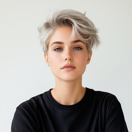 Close up of beautiful woman with white skin, grey short hair, wavy hair and a clear black t shirt, isolated in a light white studio. Portrait person.の素材