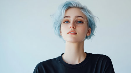 Close up of beautiful woman with white skin, blue short hair, wavy hair and a clear black t shirt, isolated in a light white studio. Portrait person.の素材