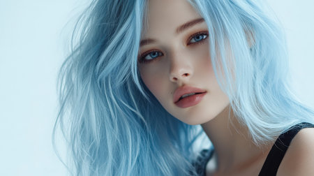 Close up of beautiful woman with white skin, blue long hair, wavy hair and a clear black t shirt, isolated in a light white studio. Portrait person.の素材
